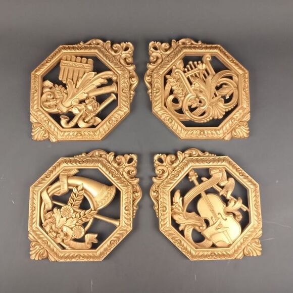Syroco Wall Hangings Set Of 4 Musical Instruments Wall Decor Wall Art Gold Tone - Picture 3 of 11